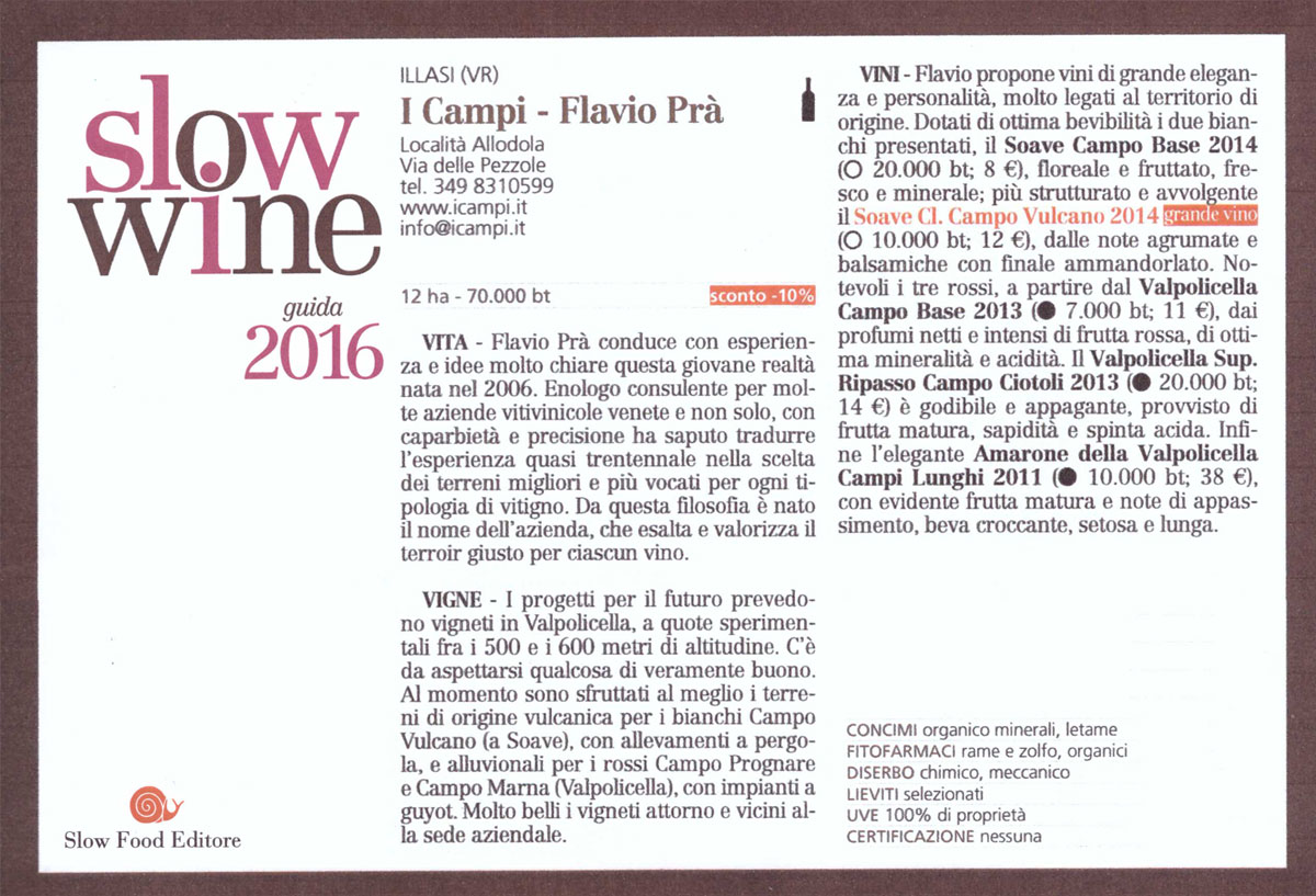 Soave Classico doc Campo Vulcano 2014 : “Grande Vino” Slow Wine!!!